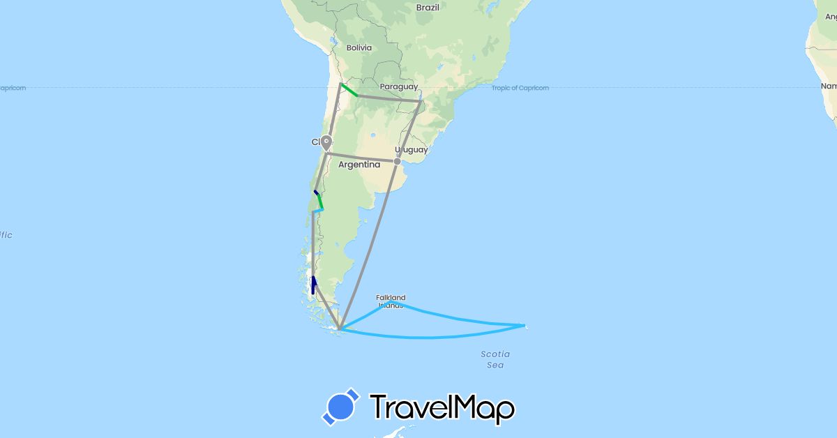 TravelMap itinerary: driving, bus, plane, boat in Argentina, Chile, Falkland Islands (South America)